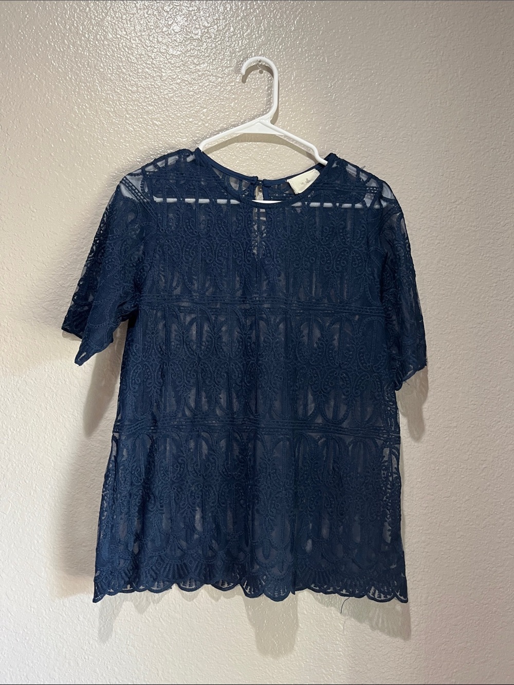en elle Navy Lace Short Sleeve Blouse Sz 8 Layered  Cottage Core boho TC0248